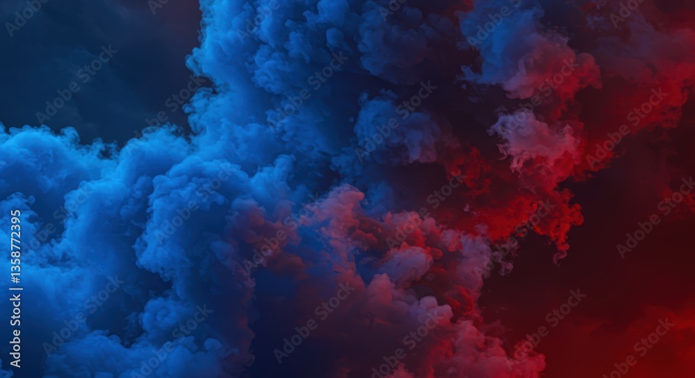 Obraz premium Vibrant blue and red smoke cloud mixing against dark background