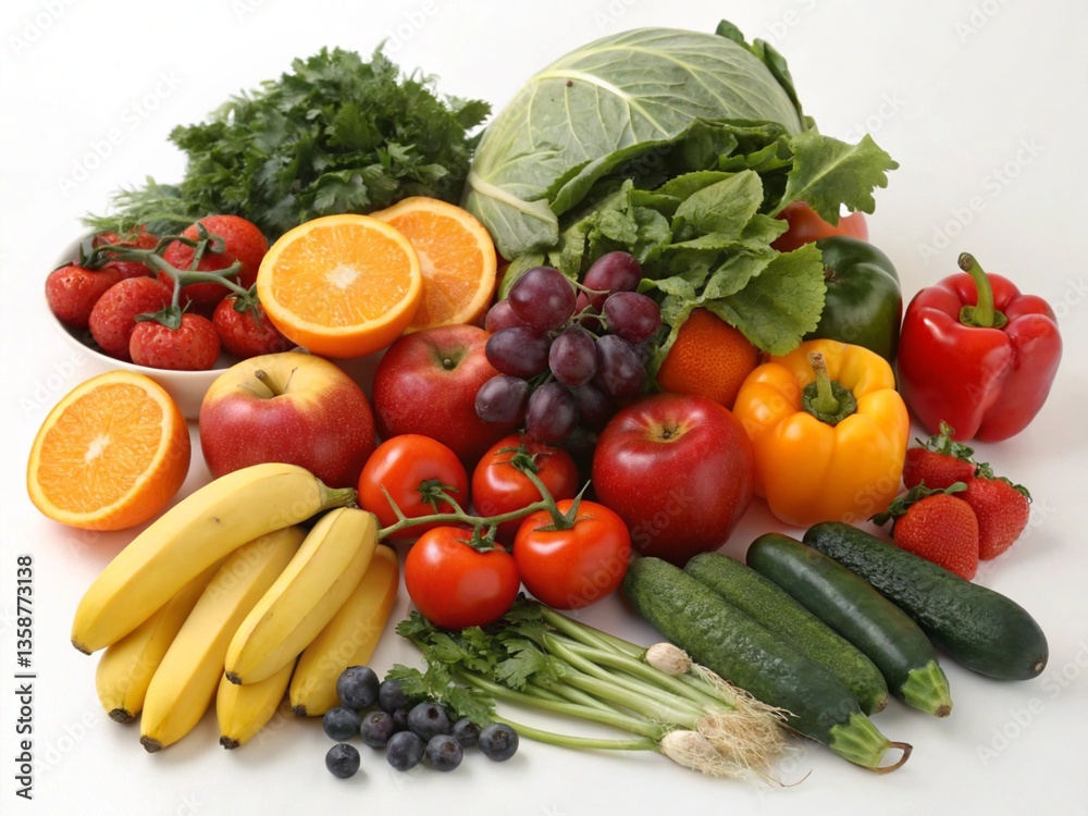 Fresh fruits and vegetables on white background including tomatoes, cucumber, onion, pepper, lettuce, and more Fresh fruits and vegetables on white background including tomatoes, cucumber, onion, pepper, lettuce, and more