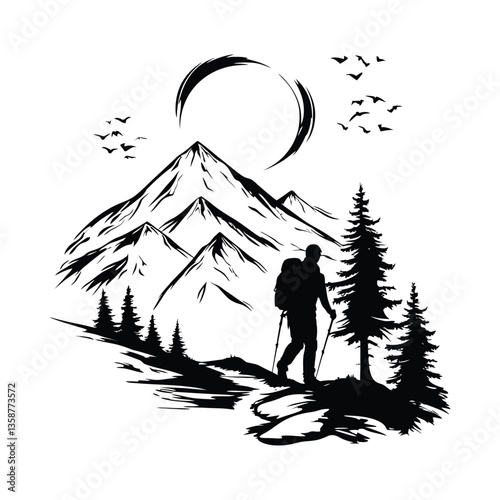 Hiking and trekking silhouette designs clipart on a white background