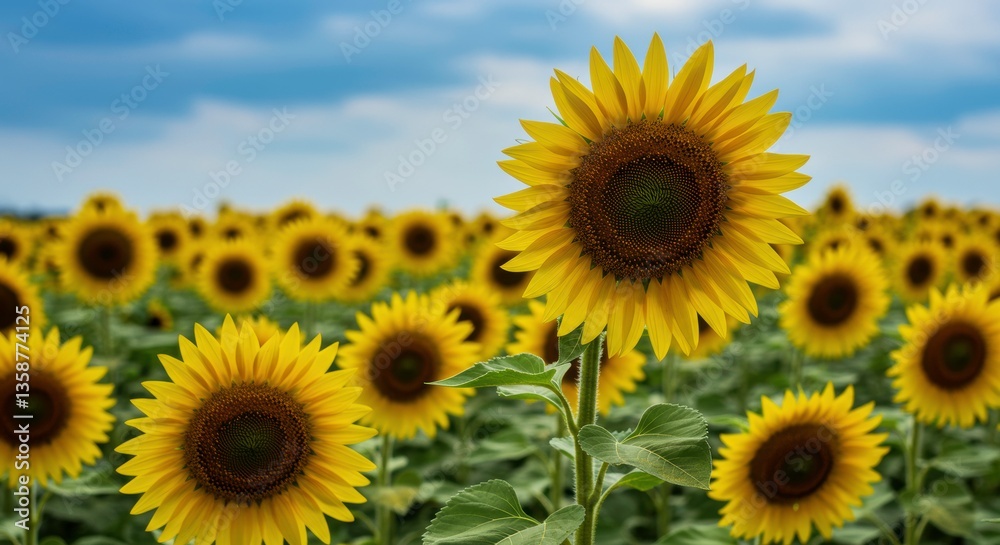 Vibrant Yellow Sunflowers Blooming in a Summer Field Close up View Vibrant Yellow Sunflowers Blooming in a Summer Field Close up View