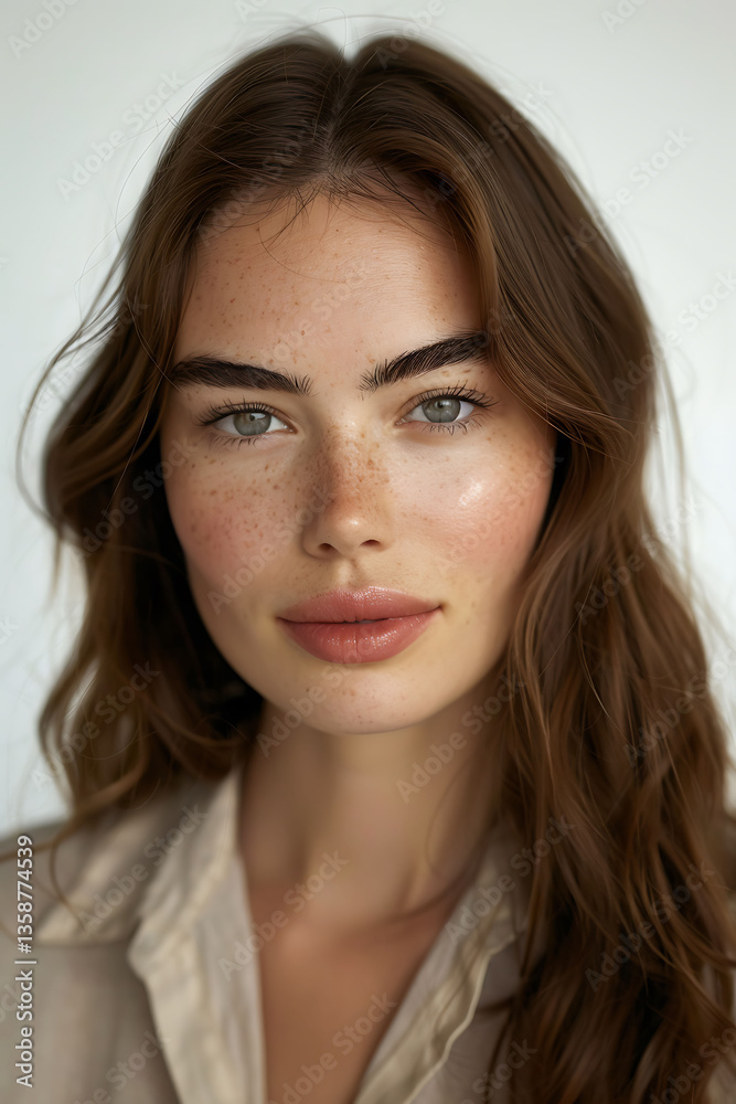 Portrait of a Woman with Freckles and Long Brown Hair