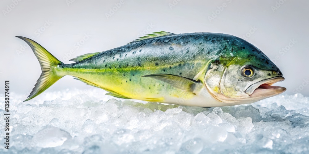 Fresh raw Mahi Mahi fish displayed on ice in a cool environment with a white background and a slight frosty effect, ice Fresh raw Mahi Mahi fish displayed on ice in a cool environment with a white background and a slight frosty effect, ice