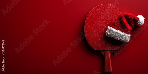 Red Table Tennis Paddle Adorned With A Christmas Hat