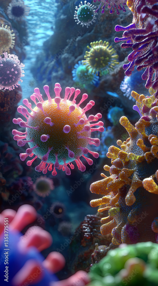 Obraz premium Realistic shot of A close-up view of the fight between human white cells and different members of an virus family, The environment is vibrant with colorful living organic matter, 