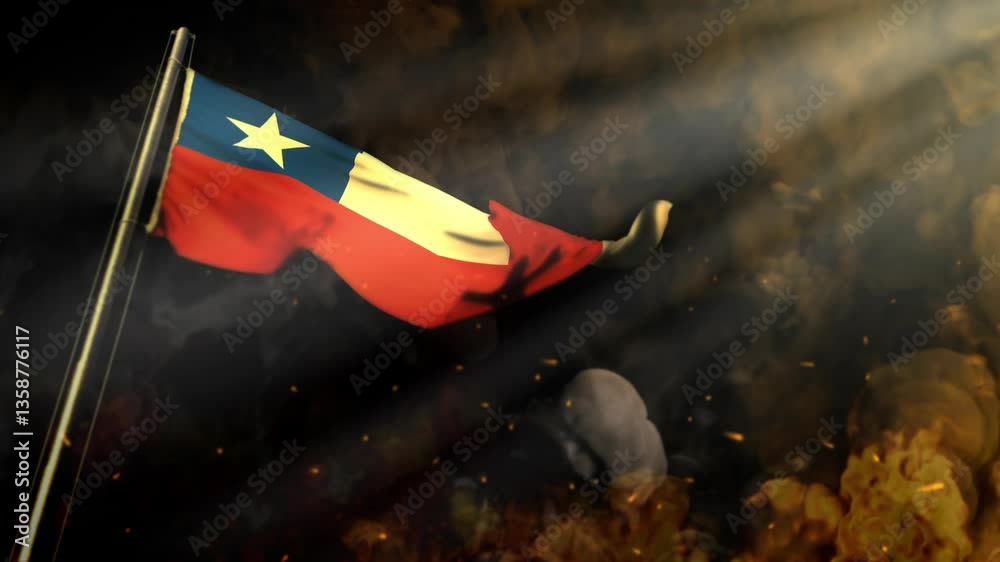 waving Chile flag on smoke and fire with sun rays - cataclysm concept