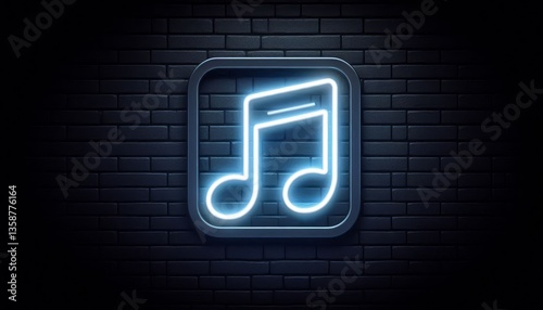 Glowing neon music note icon on dark brick wall background, futuristic digital sound and audio concept