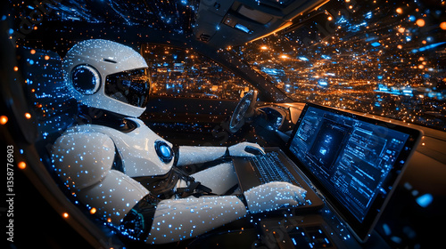 AI (artificial intelligence) technology for data analysis, research, planning, and work generation. Man uses a laptop and AI assistant dashboard. Technology smart robot AI agents and agentic workflows