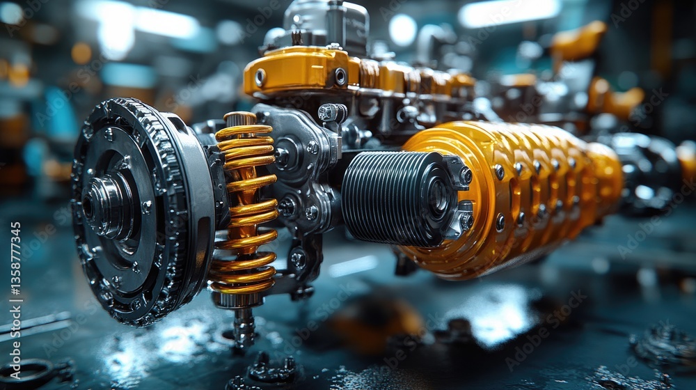 Obraz premium A close-up view highlighting the engineering finesse involved in a car's suspension system, focusing on intricate shocks and springs.