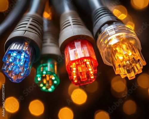 Close up of brightly illuminated network cable connectors