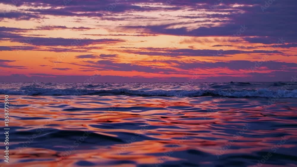 Sunset over the ocean creates vibrant colors and calm waves at the beach Sunset over the ocean creates vibrant colors and calm waves at the beach