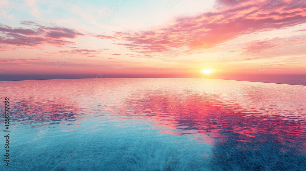 Serene sunset reflection over an infinity pool in a coastal paradise. The tranquil scene with vast empty space and modern design evokes infinite potentiality and the beauty of chaos.
Serene sunset reflection over an infinity pool in a coastal paradise. The tranquil scene with vast empty space and modern design evokes infinite potentiality and the beauty of chaos.