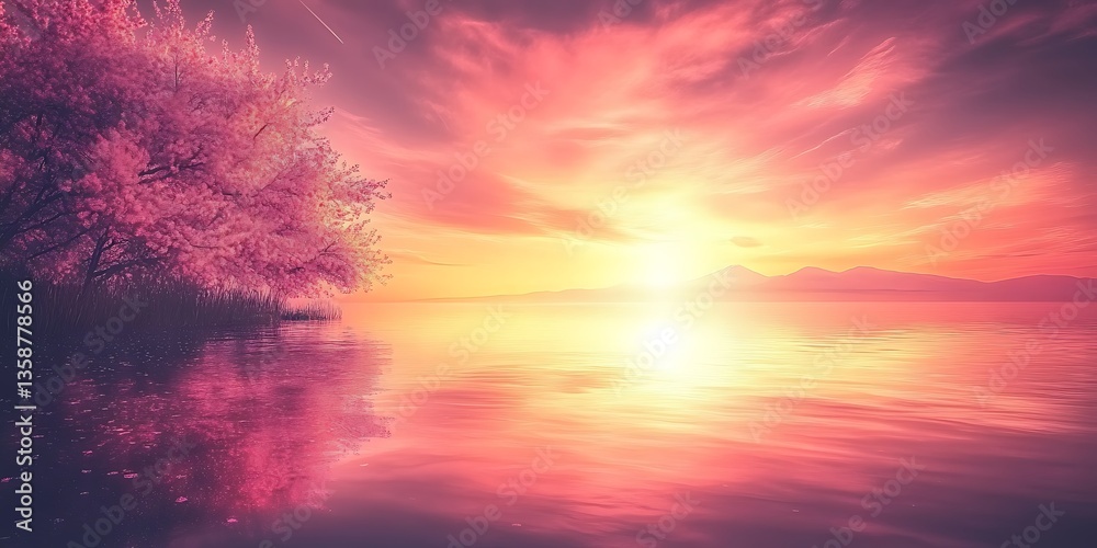Pink Sunset Over Lake with Blossoms. Pink Sunset Over Lake with Blossoms.