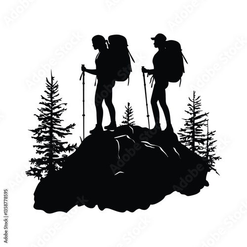 Hiking and trekking silhouette black color on isolated white background