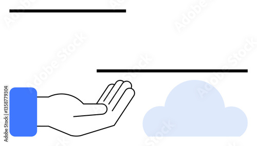 Open hand extended upward near horizontal lines and cloud. Ideal for technology, support, cloud storage, connectivity, networking, sharing, innovation. Flat simple metaphor