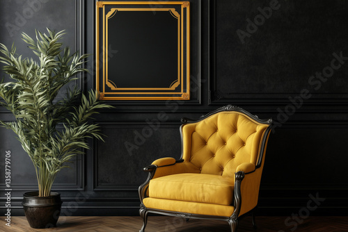 A regal yellow armchair commands attention in a sophisticated, dark-walled room, adorned with a gold-framed portrait and a lush green plant, exuding timeless elegance and refined luxury. photo