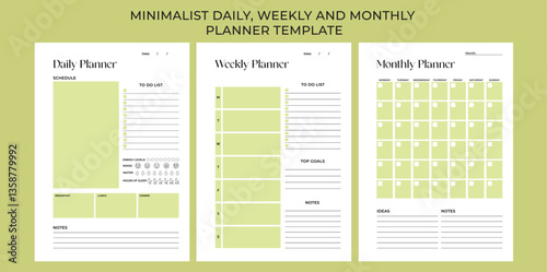 Minimalist Green planner pages templates. Organizer page, daily, weekly and monthly control book. Life planners, weekly and days organizers or office schedule list. Graphic organization paper vector. 