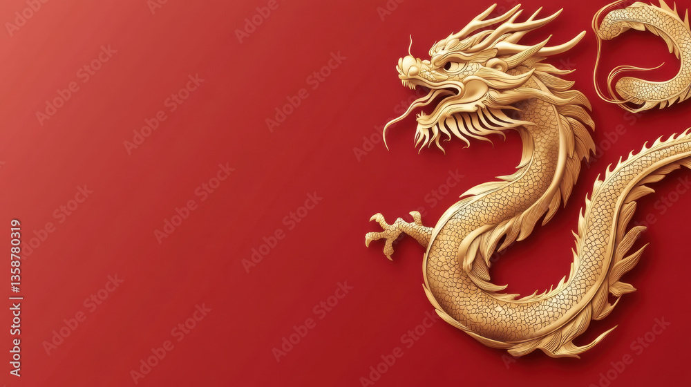Fototapeta premium Golden Chinese Dragon on Red Background