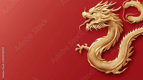 Golden Chinese Dragon on Red Background