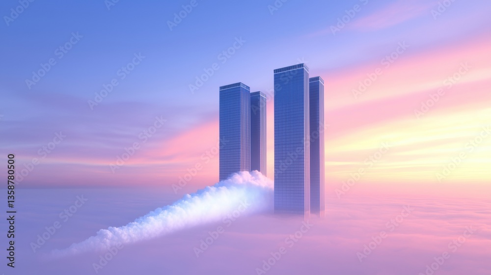 Fototapeta premium Futuristic skyscrapers emerging from clouds at sunset.