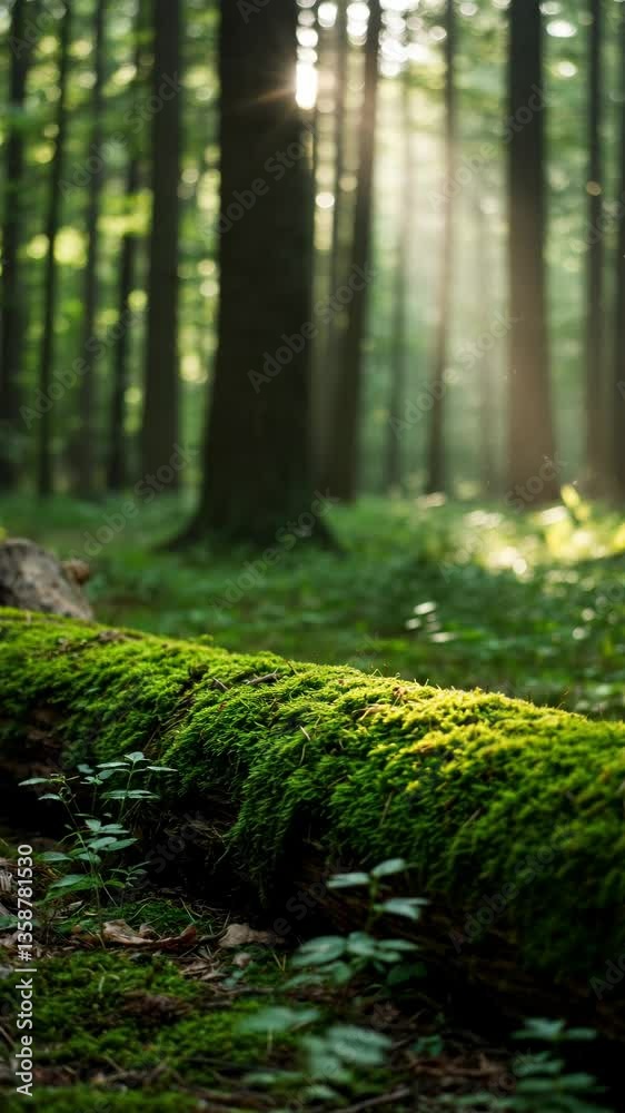 Forest floor with a moss-covered log in the morning, vertical footage