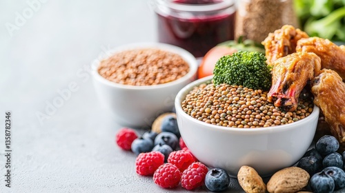 Junk Food Overload vs. Mindful Eating with Dramatic Health Impact, Fresh ingredients in bowls with berries and jam on a textured surface.
