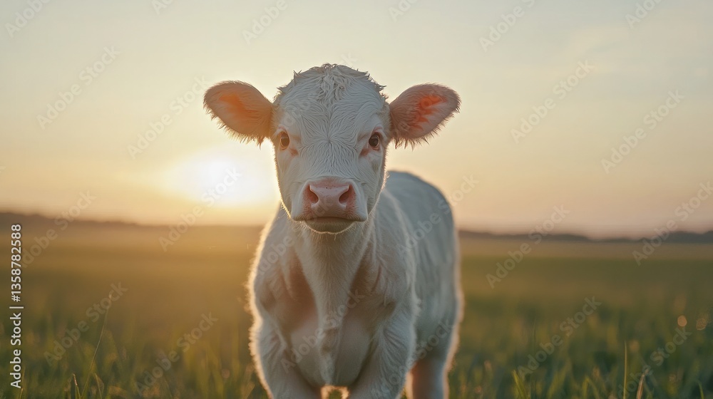 Fototapeta premium Calf chaos at sunrise in green pasture captured in gigapixel quality nature photography