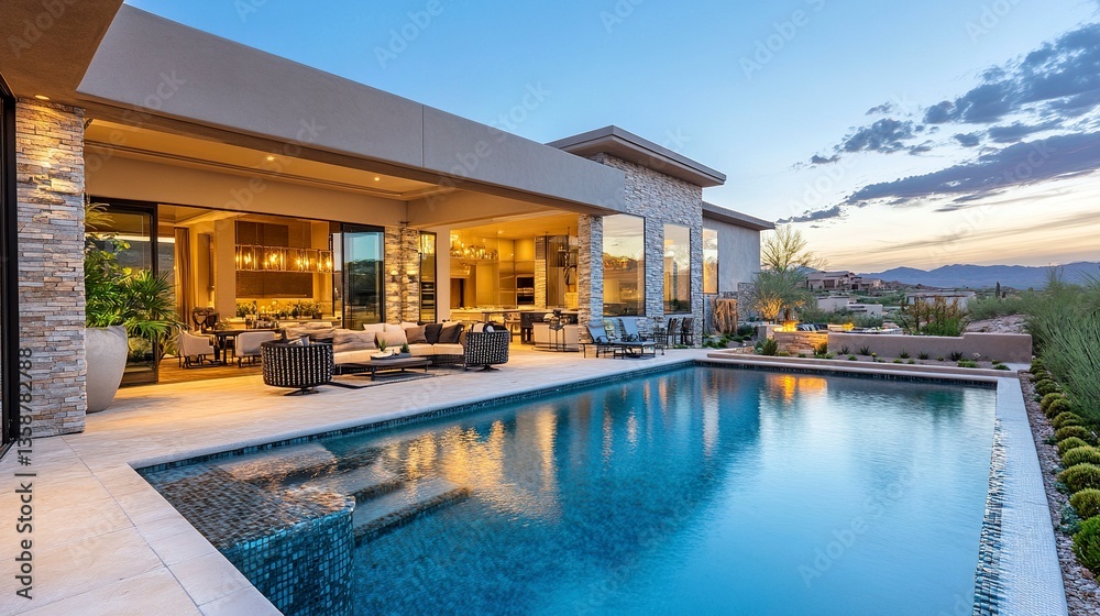 Fototapeta premium Luxury modern home exterior with a sleek pool, chic patio furniture, and open glass walls blending the stylish interior with the tranquil outdoor space. 