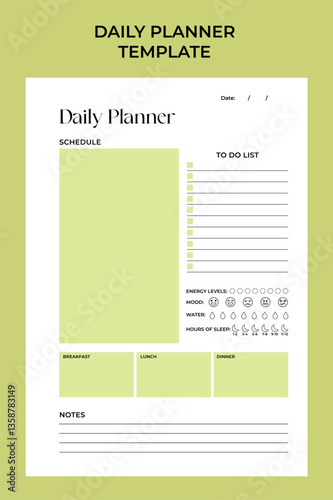 Minimalist daily planner template. Blank white notebook page isolated on green. Stationery for education, office and planning a routine. Vector illustration set.