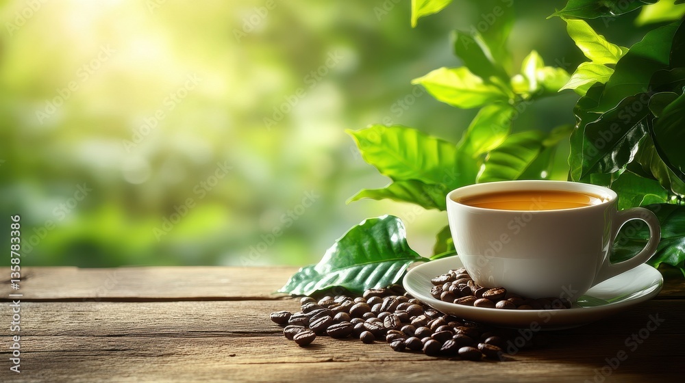 Coffee Cup on Wooden Table, Lush Background