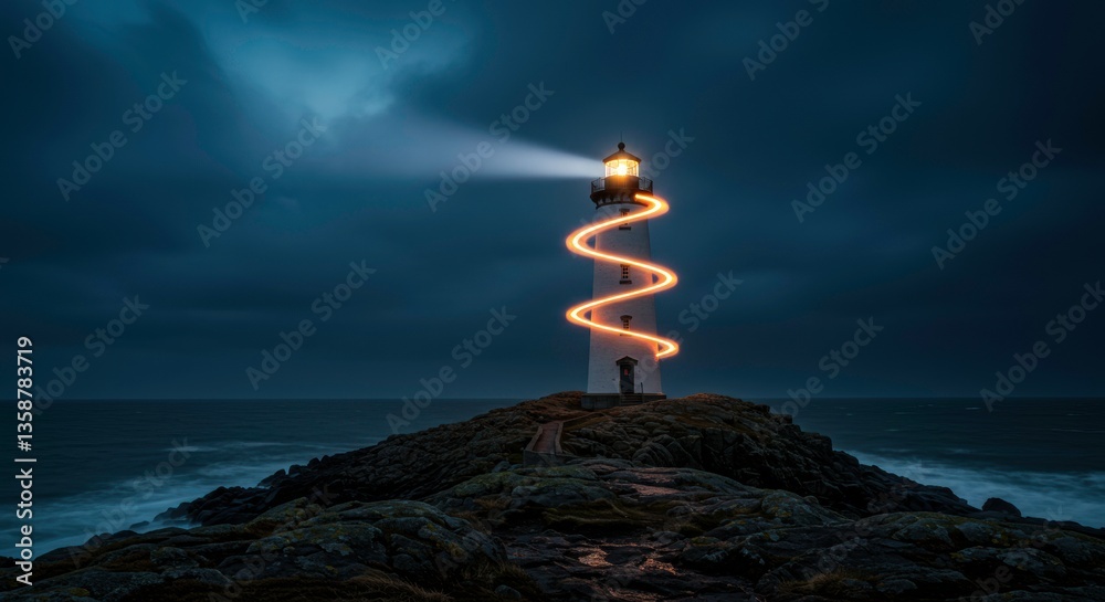 Obraz premium Dramatic Night Seascape with Illuminated Lighthouse Beam Spiraling Upwards