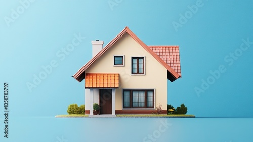 Fototapeta Naklejka Na Ścianę i Meble -  Mini craft-style house with a textured facade simple roof design warm tones contrasting against a smooth blue background. 