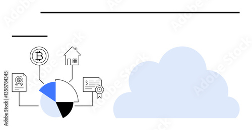 Pie chart connected to blockchain, real estate, contract, and certificate icons beside a digital cloud. Ideal for finance, investment, cloud computing, cryptocurrency, data analytics blockchain