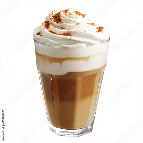 Iced Coffee with Whipped Cream and Cinnamon in Clear Glass, carmel macchiato