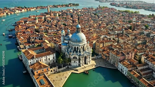 Aerial view of venice italy showcasing santa maria della salute and canal grande cityscape scene