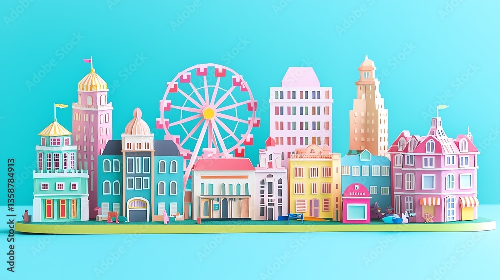 Obraz premium Colorful paper city skyline with ferris wheel.
