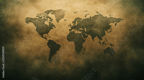 World map with silhouette military planes and explosions, symbolizing global conflict. Modern design with vast empty space and blank caption area evokes infinite potentiality and chaos.

