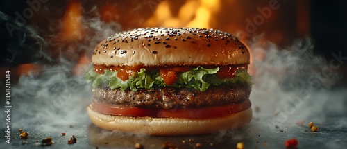 A delicious and appetizing burger with fresh ingredients in a close up