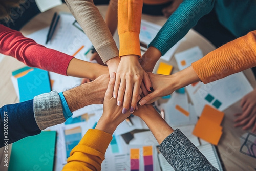 A business team unites with their hands together on top of each other showing a teamwork concept