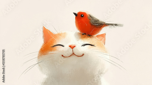 Happy cat with a bird on its head