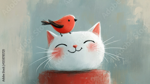 A happy white cat with a red bird perched on its head