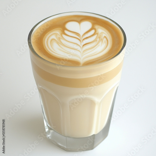 Latte in Glass with Leaf Latte Art on White Background