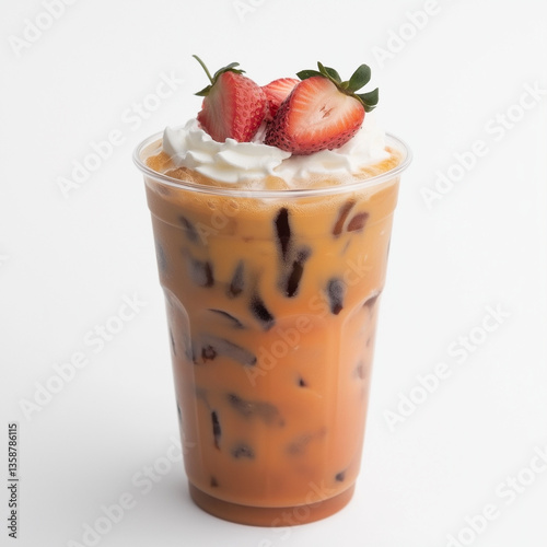 Iced milk tea with whipped cream and strawberries in plastic cup