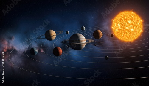 Planets orbiting the sun in deep space with stars and constellations,
