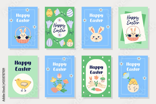 Happy Easter 8 cute cards collection. Design with text on green and blue background. Happy Easter hand drawn card. Flat illustration with partial outline. Vector illustration.
