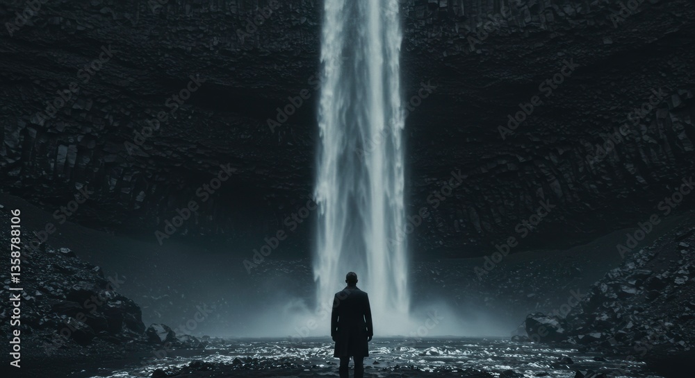 Obraz premium Solitary Figure Contemplating Majestic Waterfall in Dramatic Landscape