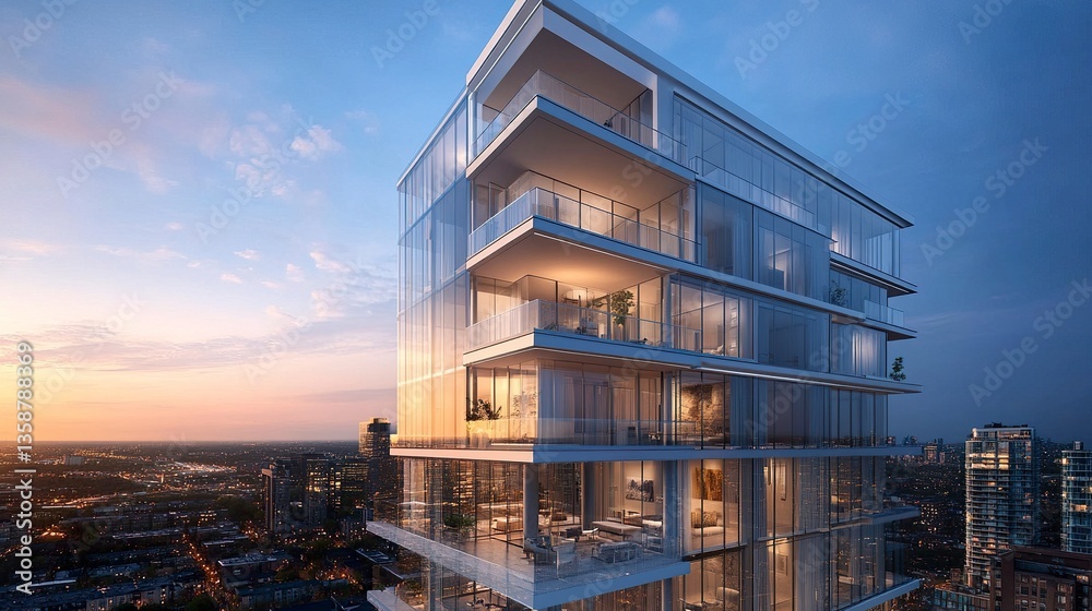 Obraz premium Modern urban condo detail flat design with warm-toned accents sharp angles and soft reflections of the blue sky on glass balconies. 