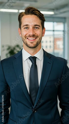 Wallpaper Mural Smiling businessman in a blue suit, standing confidently in a modern office, vertical video format. Torontodigital.ca
