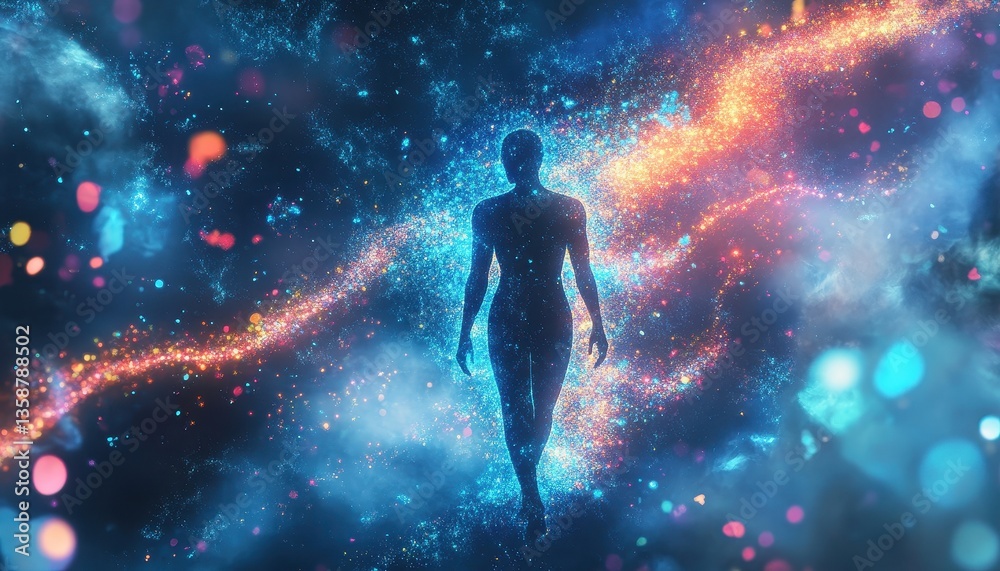 Naklejka premium Human Figure Transforming into Glowing Particles in a Cosmic Setting