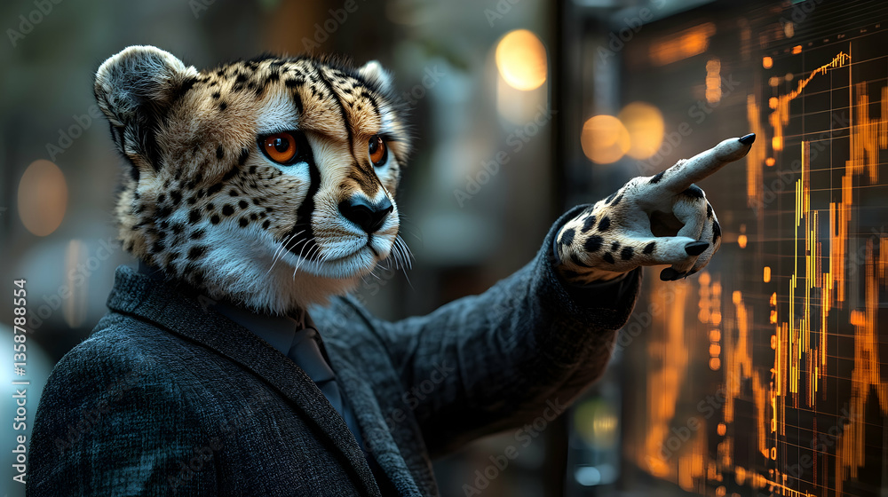 A cheetah in a business suit, pointing to an economic chart in a brightly lit office setting A cheetah in a business suit, pointing to an economic chart in a brightly lit office setting