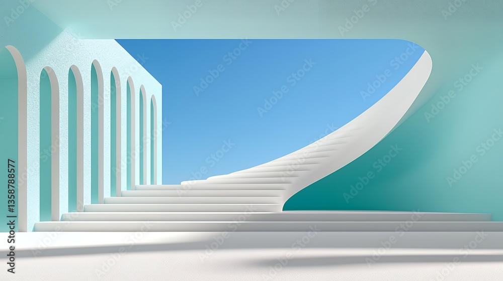 White Staircase and Archway in Blue Sky Environment Architectural Design White Staircase and Archway in Blue Sky Environment Architectural Design